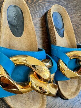 JW Anderson Chain Slide Sandal — Iconic Statement Flat — Turquoise/Blue